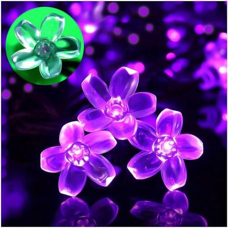 Solcells drivna ljusslinga för uteplatsdekoration, vattentät, 7 meter, 50 LED-lampor, lila blommor
