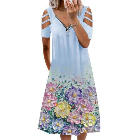 Print Blommönster Kortärmad Klänning Kvinnor Sexig Sommar V-ringad