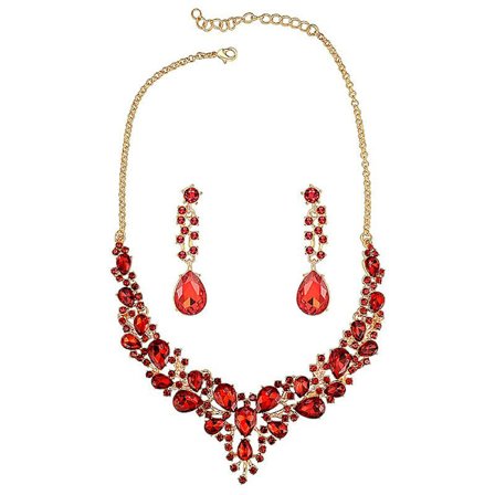 Elegant rød brudekjole for kvinner, krystall- og smykkesett med røde strassøreringer og halskjede for brud, Halloween De