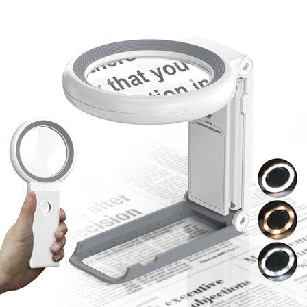 Forstørrelsesglas med Lys og Stativ, 30x 10x Foldbart Læseforstørrelsesglas med 18 LED-lys, Dæmpbart Glas Stort Håndholdt Forstørrelsesglas