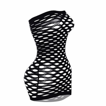 Dame Fishnet Mini Kjole, Stropløs Lingeri Chemise Bodysuit til natkjole & boudoir, Gennemsigtig Mesh Natkjole (Sort)