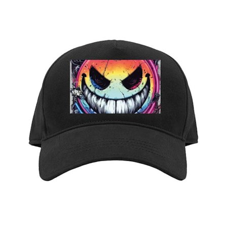 Kasket Cyberpunk smiley med neonfarver, graffiti og futuristisk tech-stil, edgy digital kunst til gamere, plakater og mobilcovers.