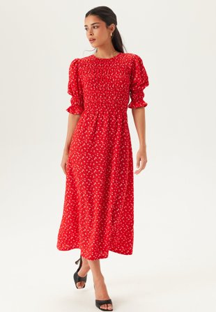 BUBBLEROOM - Short Sleeve Smock Dress - Red/Floral