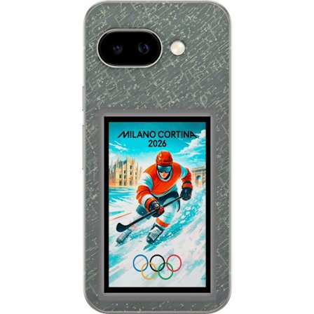 Yhteensopiva Puhelinkuori Google Pixel 9a Curlingkuvitus pelaajilla ja kivillä jäällä, Milano Cortina 2026, lumisia roiskeita ja olympiasormukset