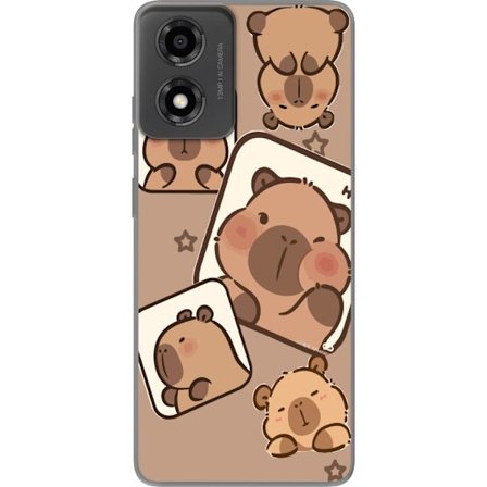 Kompatibel Mobilcover til Motorola Moto E14 Capybara Frame Friends Legende design med små kapibarer i firkanter med stjerner og beige baggrund