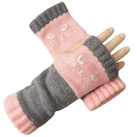 Kat Strikkede Fingerløse Handsker - Vinter Strik Håndvarmere Strikkede Handsker til Kvinder Piger