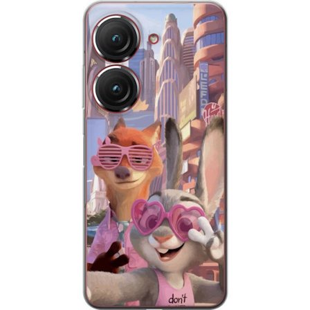 Yhteensopiva Puhelinkuori Asus Asus Zenfone 9 Animoituja eläimiä aurinkoisessa kaupunkiympäristössä, joilla on pinkit aurinkolasit ja positiivine