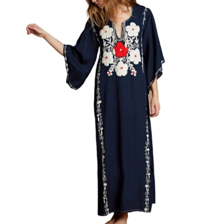 Sexig dam Kaftan med V-ringning och dragsko, baddräktsöverdrag med broderade blommor