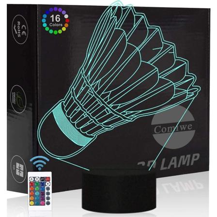 Badminton 3D Illusion Nattlys Leke, 16 Farger Endre Smart Touch & Fjernkontroll, Hjemmedekor LED Sengesidebord Skrivebordslampe, Jul Bursdag [DB]