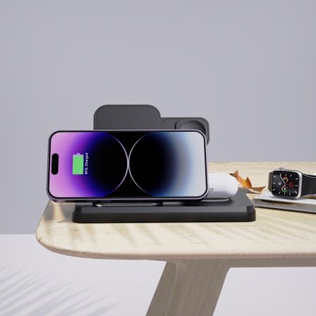 Induktionsladdare 3-i-1, 15W trådlös laddare med hopfällbar snabb