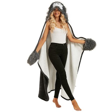 Bærbar hættetrøje tæppe til voksne, fluffy superblød imiteret pels, plys varm og behagelig Sherpa hættetrøje kappe gaver til voksne og børn (grå do