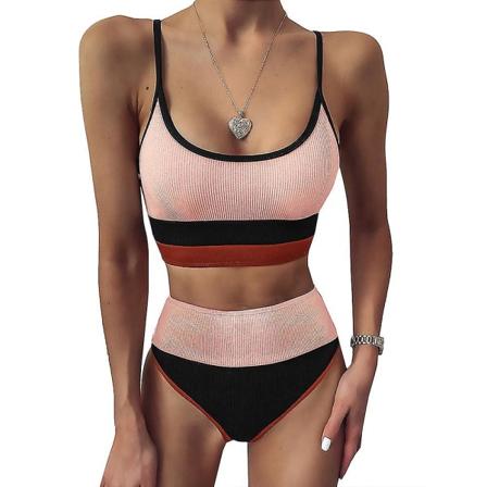 Kvinnor High Waist Bikini Sport Beach Colorblock Baddräkt Pink and Black S
