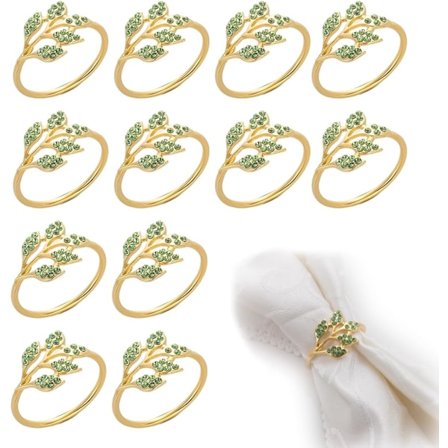 Vihreät lehtiservettirenkaat, 12 kpl, heijastavat kultalehtiset klassiset servettirenkaat häihin ja juhlapöytäkoristeisiin
