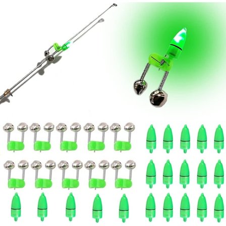 Fiskeklokker med Lys 20 stk. LED Natfiskelys 10 stk. Fiskestang Madding Alarmklokke