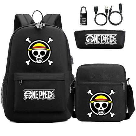 3 stk/sæt One Piece Anime Skolerygsæk Usb Oxford Taske Med Pencil Bag Og Messenger Bag