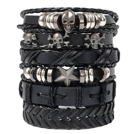 6 st herr svart vävd läderarmband, punk dödskalle armband, rock herr armband, justerbar punk smycken, herr och dam
