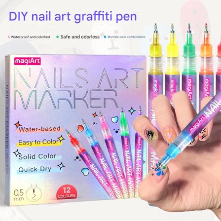 12-pakning neglekunstmarkørsett med 0,5 mm fin spiss for presis doodle-tegning