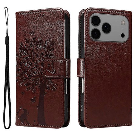 Kompatibel med iPhone 17 Pro Max telefondeksel med stativ, kattetre-mønster, lommebok i lær, mobildeksel - lingling}