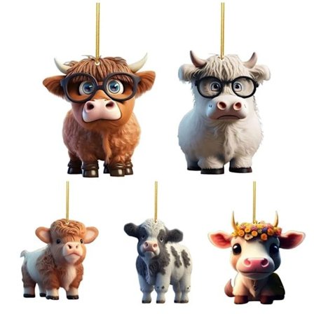 5 st Dekorativa tecknade ko-hängen Nötkreatur Ko-gåvor DIY Bilinredning Hänge Söt akryl Highland Ko-hänge Julgransprydnader