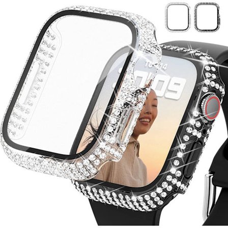 2-pack Bling-fodral för Apple Watch Series 7 45 mm med inbyggt härdat glas skärmskydd, full bling-täckning med kristalldiamanter för iWatch