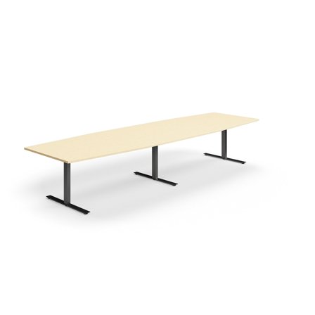 Konferenztisch QBUS, Bootsform, 4000x1200 mm, T-Gestell, schwarz/Birke