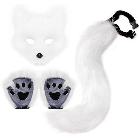 Konstgjord Pälsräv Svans Katt Varulv Cosplay Kostym Set Plysch Mask Fluffiga Tassar Handskar Halloween Jul