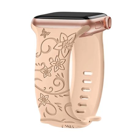 Rem för Apple Watch Band 44 mm 42 mm 41 mm 40 mm 45 mm 49 mm 44 mm Blomgraverat armband correa iwatch series 9 7 SE 6 8 Ultra 2 Morning Glory Milk 