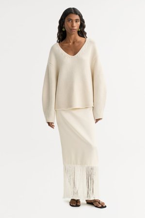 Soft Goat - Puff Sleeve V-neck - Women cashmere sweater - M - Feather White