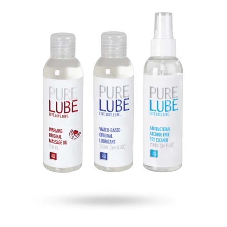 PURE LUBE WARMING ORIGINAL MASSAGEOLJA + ORIGINAL LUBRICANT + TOY CLEANER 3X150 ML - Vuxen.se - Rengöring av sexleksaker
