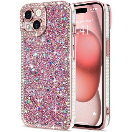 2025 Seneste Model til iPhone 15 Glitter Cover, Luksuriøst Skinnende Bling Funklende Telefon Cover med Krystal Diamanter Rhinestone til Kvinder Piger 
