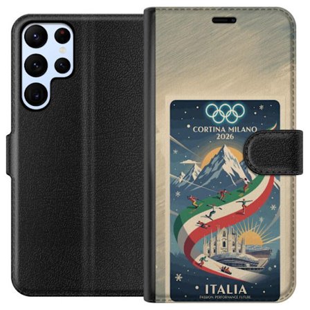 Yhteensopiva Lompakkokotelo Samsung Galaxy S24 Ultra Mäkihyppykuvitus, jossa hiihtäjä tähtää kiväärillä lumisella radalla, teksti Milano Cortina 2026