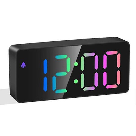Regnbuefarvet LED Digital Vækkeur, Snooze, Justerbar Lydstyrke, Nem Betjening, Stikkontakt Drevet til Soveværelse, Skrivebord, Sort