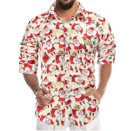 Christmas Casual Shirt Män Xmas Santa Claus Shirts Button