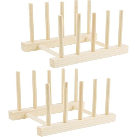 2-pak træ tallerkenholder - tallerkenafløbsstativ - skærebrætstativ - lågstativ til opbevaring af skåle, tallerkener, kopper, skærebrætter, CD-bøger