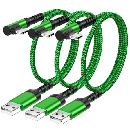 3A Snabbladdningskabel USB-A till USB-C, 30 cm, 3-pack, Vinkelrätt 90 grader (Grön)