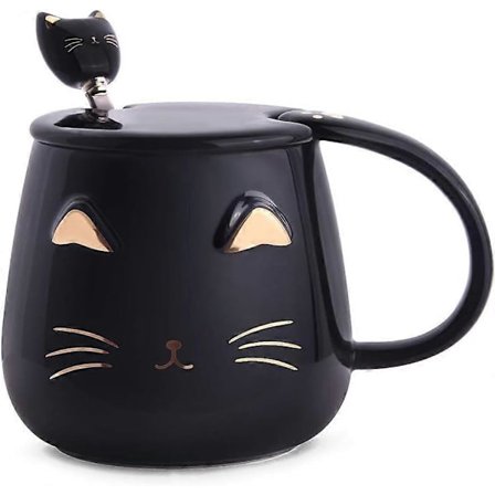 Black Cat Mug, Cute Ceramic Coffee Mug with Stainless Steel Spoon, Novelty Coffee Mug Cup for Cat Lovers Women Girls (400ml)