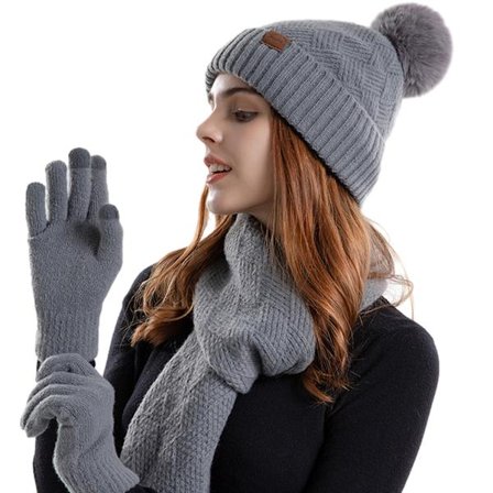 1 Sett Lue Skjerf Hansker Tredelt Strikket Ullue Dame Varm Lue