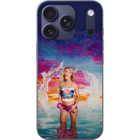 Kompatibelt Mobildeksel til Apple iPhone 17 Pro Blond kvinne i fargerik strandantrekk som leker i havet ved solnedgang