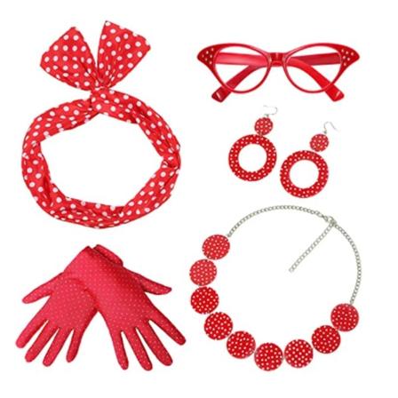 50-luvun asukokonaisuus - Pistekuvioinen hiuspanta, korvakorut, kissansilmälasit ja huivi - Snngv Red necklace set