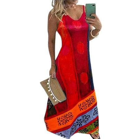 Kvinnor Sommar V-ringad Printed Sling Lång Klänning Etnisk Stil Stor