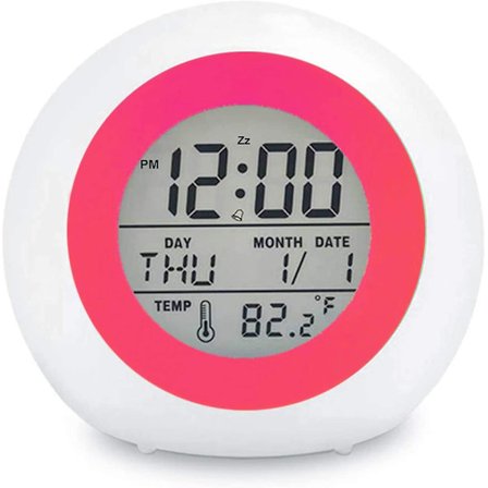 Lasten digitaalinen herätyskello, 7 väriä yövalo, torkku, lämpötilan tunnistus