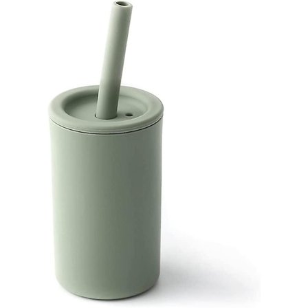 Drikkekop med Sugerør til Småbørn, Fødevaregodkendt Silikone Træningskop til Baby, Leveres med Sugerørsbørste, BPA-fri, 207 ml (salvie)