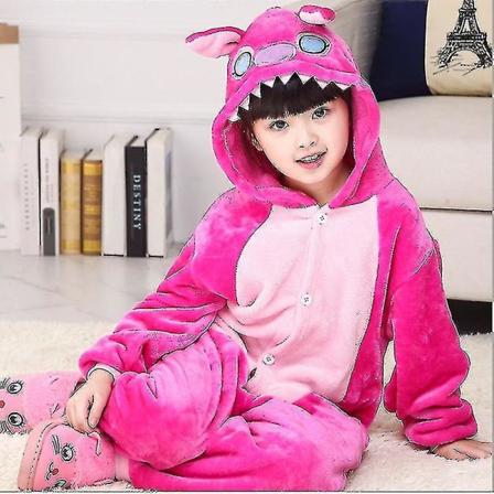 Barn Onesie Flanell Pyjamas Tegneserie Dyrefigur Kostyme Med hette Vinter Hjem Kostyme For Little Pink Stitch