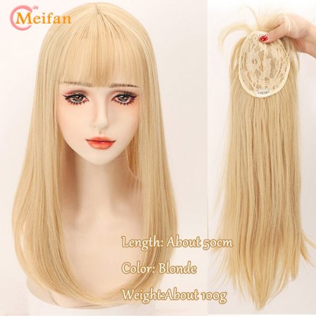 MEIFAN Långt rakt hår Toppers Clip in Hair Extensions Syntetiskt naturligt falskt hår Topper Svart Brun Blond med Bang