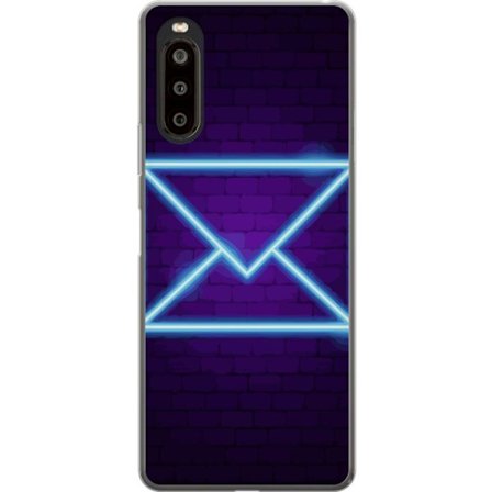 Yhteensopiva Puhelinkuori Sony Sony Xperia 10 II Neonilta illuustraatio kirjekuoresta sinisessä valossa lila tiiliseinää vasten, nykyaikainen symbo