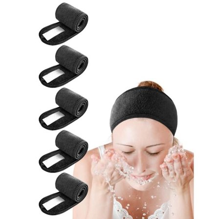 Spa Pannebånd 5-pakning Svarte Svettebånd - Sklisikre, Elastiske, Vaskbare for Sminke, Ansiktsrens, Ansiktsbehandling, Sport, Svarte 5 stykker