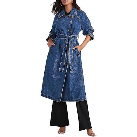 Vintage Midi Lang Jeansjakke til Kvinder, Løs Pasform, Dobbeltradet Denimjakke, Trenchcoat med Bælte