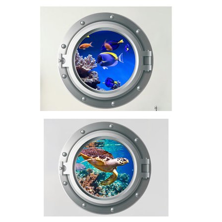 To sett 35x35cm veggklistremerker 3D kikkhull undervannsverden vegg