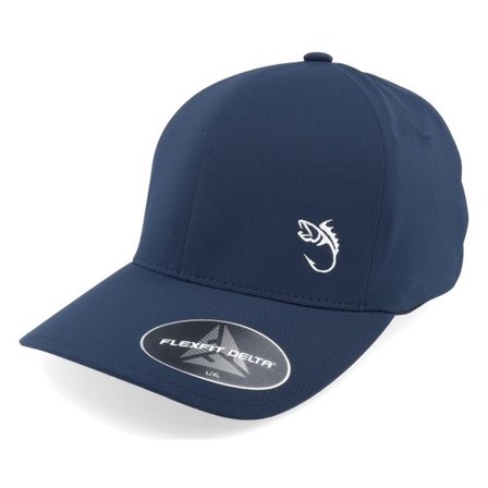 Skillfish - Blå flexfit Keps - White Fish Hook Logo Delta Fit Navy Flexfit @ Hatstore