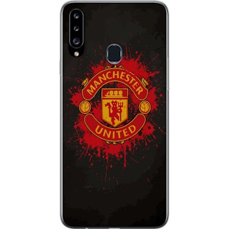 Kompatibelt Mobildeksel til Samsung Samsung Galaxy A20s Manchester United logo i rød og gul farge med røff sportslig bakgrunn